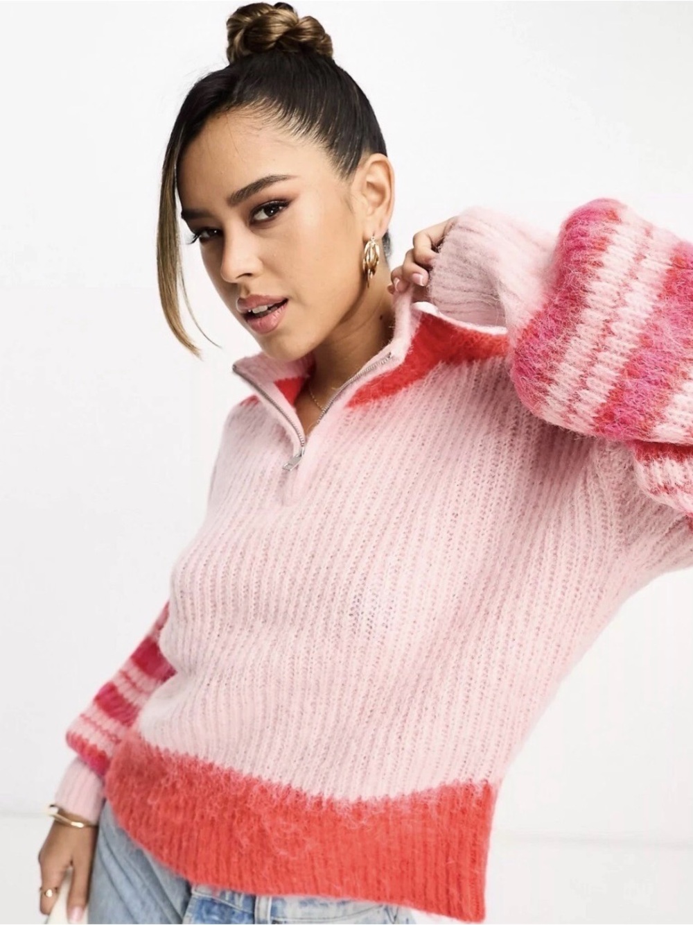 French Connection Women’s M Nika Wool Blend Pink Striped Quarter Zip Sweater